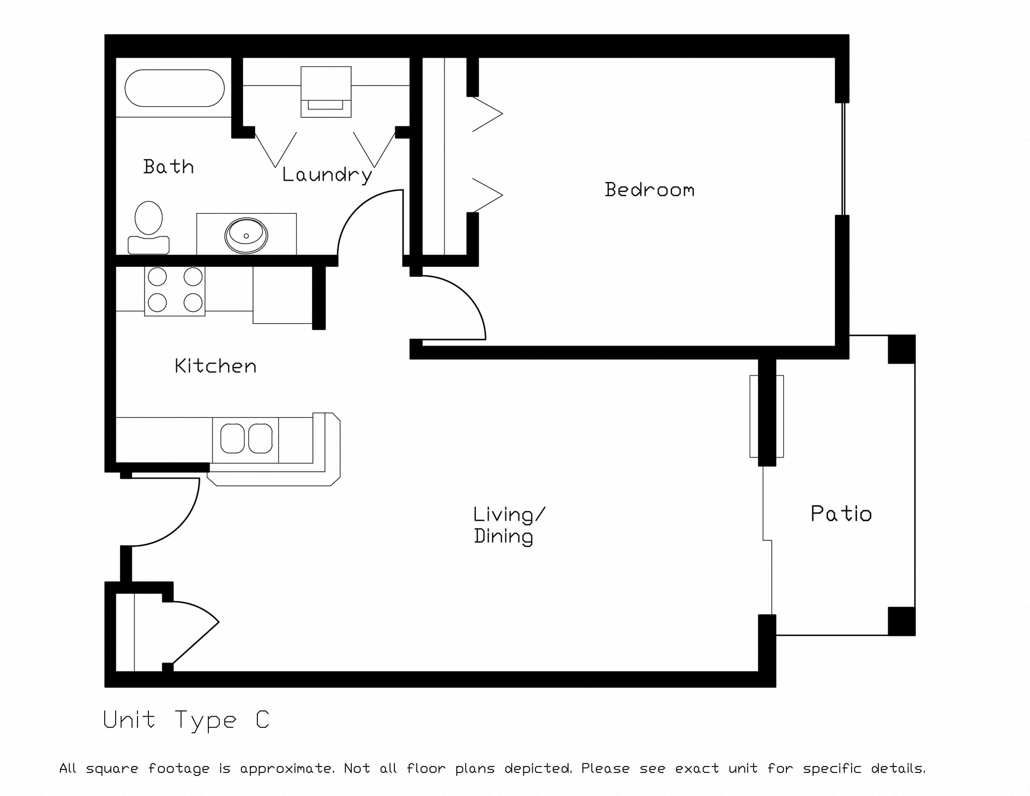 Floor plan for 1 bed, 1 bath, 792 sqft